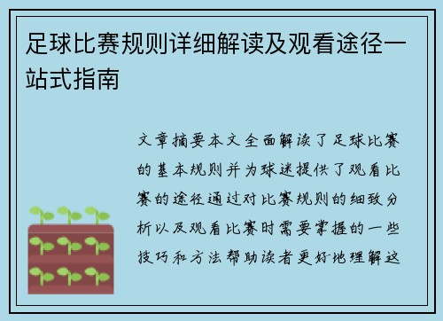 足球比赛规则详细解读及观看途径一站式指南