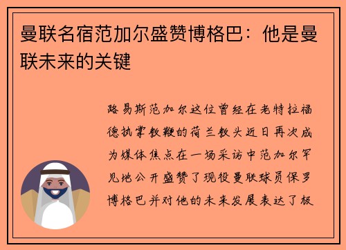 曼联名宿范加尔盛赞博格巴：他是曼联未来的关键