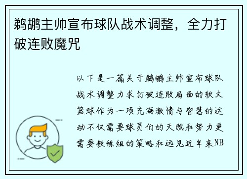 鹈鹕主帅宣布球队战术调整，全力打破连败魔咒