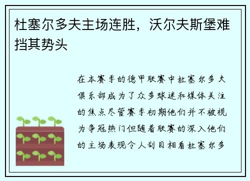 杜塞尔多夫主场连胜，沃尔夫斯堡难挡其势头
