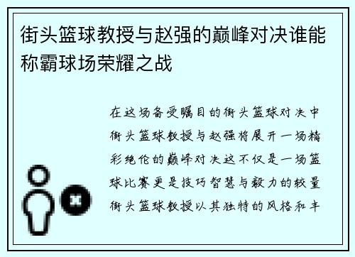 街头篮球教授与赵强的巅峰对决谁能称霸球场荣耀之战