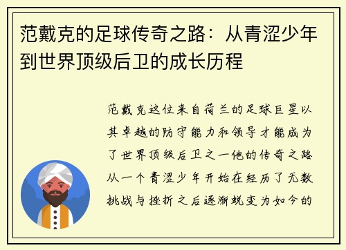范戴克的足球传奇之路：从青涩少年到世界顶级后卫的成长历程