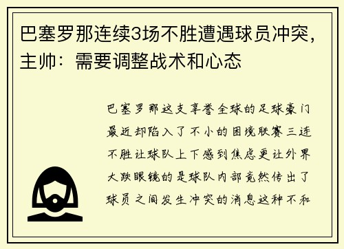 巴塞罗那连续3场不胜遭遇球员冲突，主帅：需要调整战术和心态