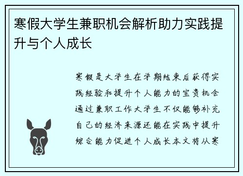 寒假大学生兼职机会解析助力实践提升与个人成长