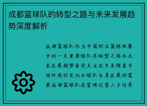 成都篮球队的转型之路与未来发展趋势深度解析